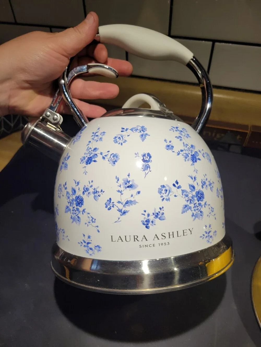 Laura Ashley China Rose Whistling Tea Kettle 10 Cup Stainless Steel Stovetop
